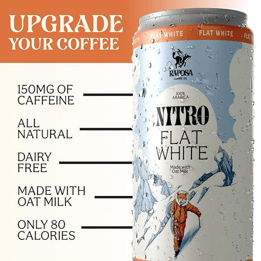 Raposa Nitro Cold Brew Ready to Drink Coffee 250ml - 8.45oz - Made with Oat Milk- Dairy Free - Vegan Cold Brew Ready to Drink, Non GMO, No Artificial Anything - 150mg Caffeine (Flat White (12 Pack))