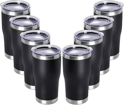 DOMICARE 20oz Tumbler with Lid Stainless Steel Tumblers Bulk, Double Wall Vacuum Insulated Coffee Travel Mug Powder Coated Tumbler, 8 Pack Black