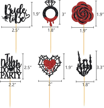 Halloween Bachelorette Cupcake Topper Bride To Be Ring Skeleton Hand Heart Blood Glitter Food Picks Horror Ghost Engagement Party Decoration Red