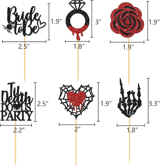 Halloween Bachelorette Cupcake Topper Bride To Be Ring Skeleton Hand Heart Blood Glitter Food Picks Horror Ghost Engagement Party Decoration Red