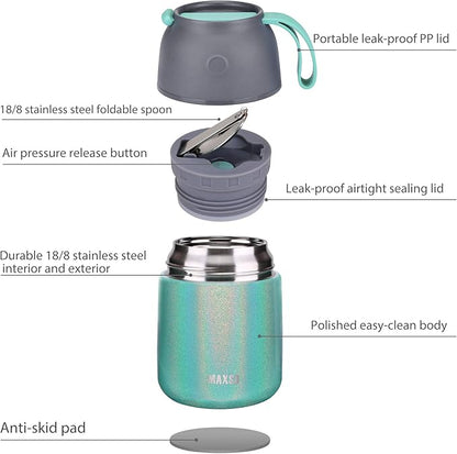 Insulated Food Jar for Hot & Cold Food for Kids Adult,17 oz Soup Thermo Hot Food Containers for Lunch, Triple Layer Insulation Stainless Steel Food Jar with Spoon (GPeacock)
