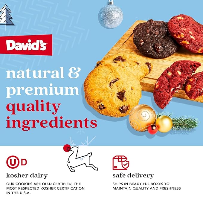 David's Cookies Happy Holidays Mini Cookies in Sweet Sampler Tin - Assorted Mini Christmas Cookies with Chocolate & White Chocolate Chip and Red Velvet - Gourmet Cookie Gift Basket for Christmas 14oz