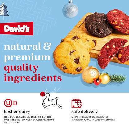 David's Cookies Happy Holidays Mini Cookies in Sweet Sampler Tin - Assorted Mini Christmas Cookies with Chocolate & White Chocolate Chip and Red Velvet - Gourmet Cookie Gift Basket for Christmas 14oz