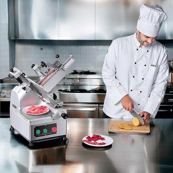 VEVOR Automatic Meat Slicer, 180W + 370W Deli Slicer with a 12 inch Premium 65Mn Blade, 0-0.3 inch Adjustable Thickness, Electric Food Slicer Machine for Meat, Vegetables, Hard Bread, and Cheese
