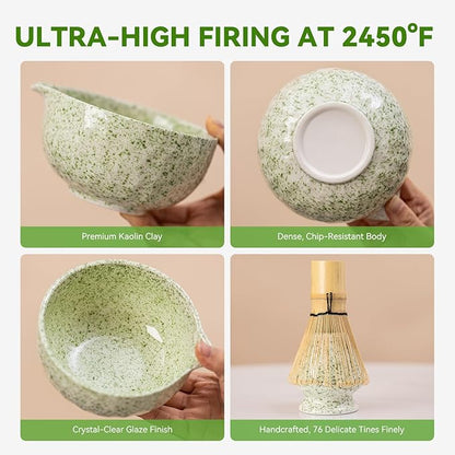 Japanese Matcha Whisk Set,Ceramic Matcha Set Includes Bowl with Spout,Matcha Sifter, Bamboo Whisk and Holder for Matchas Tea,2 Bamboo Scoop, Scoop Rest,Tea Towel -8 Pcs Kit Gift for Matcha Lovers