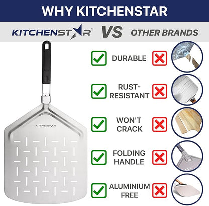 14" Pizza Making Kit (Set of 2) - 14" Pizza Cutter Rocker Knife with Blade Cover + 13" Perforated Stainless Steel Pizza Peel with Folding Handle - Ultimate Pizza Oven Accessories