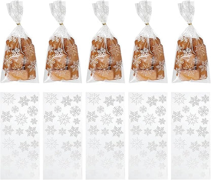 uxcell 100pcs Snowflake Treat Bags, Cookie Bags with Twist Ties for Candy Package Christmas Holiday Winter Party Favors, White