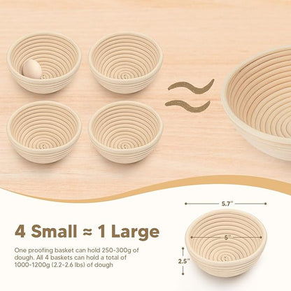 Mini Banneton Basket (5 Inch, Set of 4) – Round Banneton Bread Proofing Set, Perfect for Bread Bowl and Small Sourdough Loaves– Mini Sourdough Proofing Basket for Baking Supplies