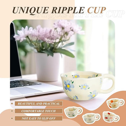 Vesici 4 Styles Cute Ceramic Flower Coffee Mug Set 8. 5 oz Vintage Aesthetic Porcelain Floral Tea Coffee Cup with Handle Dishwasher Microwave Safe for Woman Girls Gifts