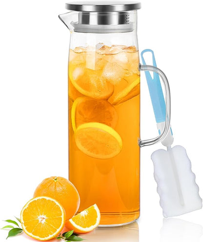 Joeyan 1.5 Liter 51oz Glass Pitcher with Lid, Fridge Door Glass Water Jug, Easy Clean Heat Resistant Water Carafe for Hot and Cold Beverages,Coffee, Iced Tea & Juice, Including Long-Handled Brush