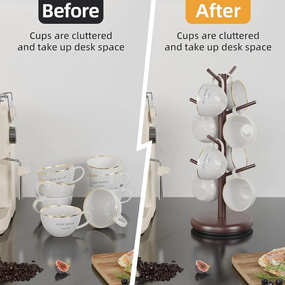 BAMBANG Mug Holder Tree, 360° Rotating 8 Hooks Coffee Cup Holder for Counter, Bamboo Coffee Mug Rack Standing for Kitchen Countertop Home, Espresso