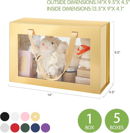 Large Gold Clear Gift Box, 13.5x9x4.1 Inches Gift Box with Window by Handle, Bridesmaid Proposal Box, Collapsible Gift Box with Magnetic Closure (Glossy Gold, 1 Pack)
