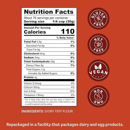 Judee's Ivory Teff Flour 5 lb - Non-GMO, Vegan, Made in USA - Resistant Starch - Great for Making Quick Teff Bread, Injera, Muffins, Pancakes, and Cookies - Gluten-Free and Nut-Free