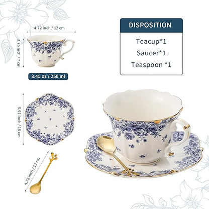 TATSUMI Country Roses Bone China Tea Cup and Saucer Set, 3 Pieces, Vintage Style, For Women and Tea Parties（sky blue，1 set）