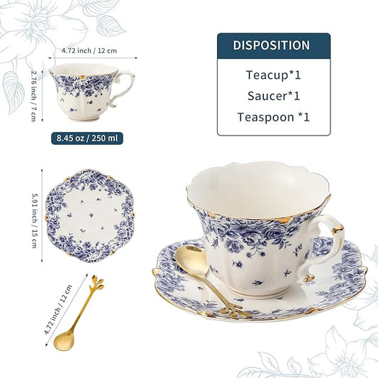 TATSUMI Country Roses Bone China Tea Cup and Saucer Set, 3 Pieces, Vintage Style, For Women and Tea Parties（sky blue，1 set）