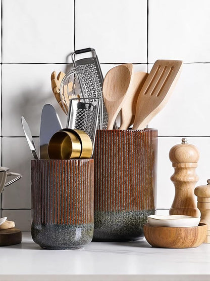 LE TAUCI Utensil Holder, 7.3"+5.4" Ceramic Kitchen Utensil Holder for Countertop, Black Cooking Utensil Crocks for Kitchen Counter, Morden Utensil Organizer for Spatula, Set of 2, Marble Dark Olive