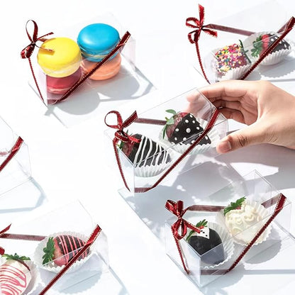 RomanticBaking 100 Pack 4 1/2" x 2 1/4" x 2" Small Chocolate Covered Strawberries Boxes for Mini Cupcakes, Hot Cocoa Bombs, Clear Plastic Party Favors for Christmas