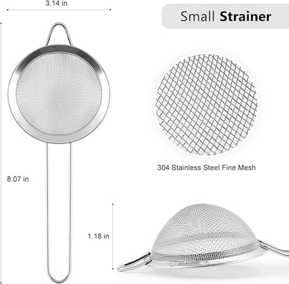D Fine Mesh Strainer, Stainless Steel Sieve Sifter with Handle, Small Metal Strainer for Loose Tea, Juice, Drink, Herbs, Mini Sifter for Flour, Matcha, Kitchen, Baking, 3-Inch (8x3, Silver)