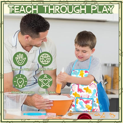 KAEGREEL Kids Baking Chef Set, 26Pcs with Dinosaur Apron & Hat Role Play Cooking Chef Cooking Dress Up Toys, Pretend Play Kitchen Toys Gifts for Boys Girls Aged 3-8