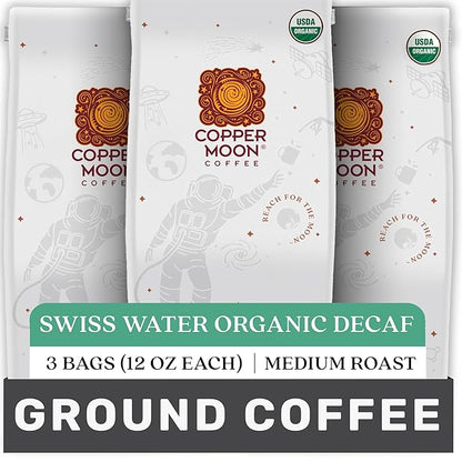 Copper Moon Ground Coffee, Medium Roast, Swiss Water Decaf Blend, 3 Bags 12 oz. Each