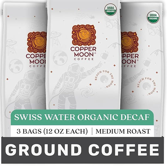 Copper Moon Ground Coffee, Medium Roast, Swiss Water Decaf Blend, 3 Bags 12 oz. Each