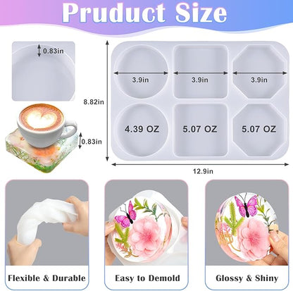 Deep Coaster Resin Molds Silicone Octagon Round Square Silicone Molds for Resin Epoxy Resin Casting Craft Mold for Flower Preservation DIY Art