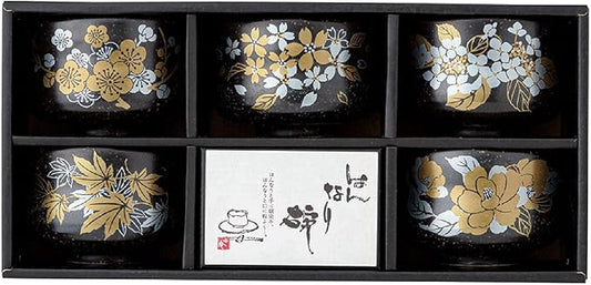 Japanese Traditional Handcrafted Matcha Chawan Tea Bowl Cup Set of 5 Ceremony Tableware Pottery (Hannnari Wan Zoroi Tenmoku)