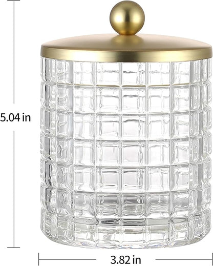 Glass Cotton Jar Holder Matte Gold Lid, Elegant Bathroom Storage Canister for Qtips, Cotton Balls, Floss, Makeup Organizer, Vanity Bathroom Organization