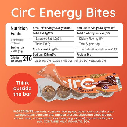 CirC Energy Bites - 6 Pack Peanut Chocolate Chip Gluten Free Protein Balls -10g Protein, Whole Grains, Nuts & Fruit - Portable Healthy Snacks for Adults & Kids, 5 Piece Resealable Packs