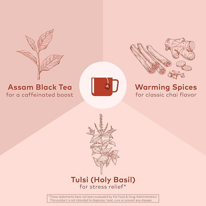 ORGANIC INDIA Tulsi Masala Chai Tea Bags - Holy Basil, Black Tea, Spices with Ginger, Stress Relieving, Immune Support, USDA Certified Organic, Antioxidant, Caffeinated - 18 Infusion Bags, 3 Pack