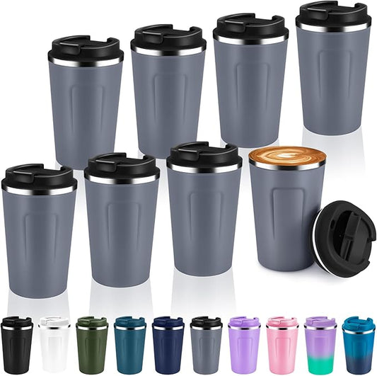 Volhoply 12 oz Double Wall Insulated Vacuum Travel Coffee Mug with Flip Lid Bulk 8 Pack,Reusable Stainless Steel Leak Proof Coffee Cup,Portable Cafe Thermal Tumblers for Hot & Cold Drinks(Gray,8 Set)