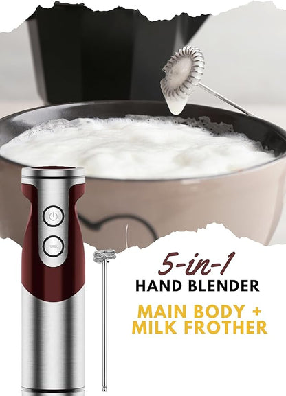 MegaWise 5-in-1 Immersion Hand Blender Set with Variable Speed, 400W, Stainless Steel - Includes Chopper, Whisk, Milk Frother, and Beaker - Ideal for Soups, Smoothies, Baby Food & More (RED)