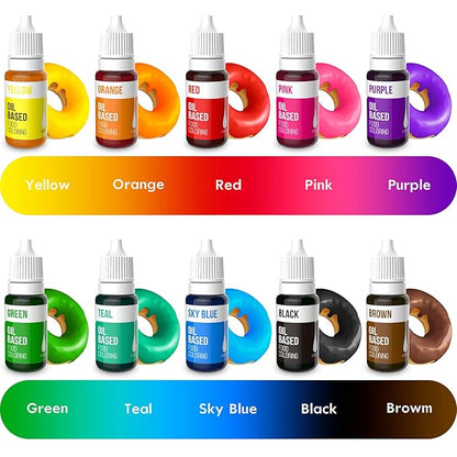Upgraded Oil Based Food Coloring for Chocolate, 10 Colors , for Candy Melts, Nomeca Edible Food Dye for Baking Cake Decorating Cookies Icing Fondant Meringues - .35 Fl. Oz Bottles