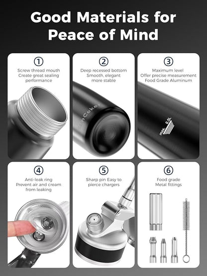 Professional Aluminum Whipped Cream Dispenser – 500 mL / 1 Pint, Includes 3 Decorating Nozzles, Cleaning Brush & Storage Bag – Ideal for Desserts, Coffee & Pastries (N₂O Chargers Not Included)