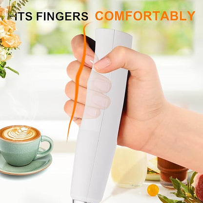 YUSWKO White Handheld Milk Frother Wand with Stand for Coffee, Rechargeable Electric Whisk with 3 Heads 3 Speeds Drink Mixer Coffee Frother For Latte, Cappuccino, Hot Chocolate, Egg