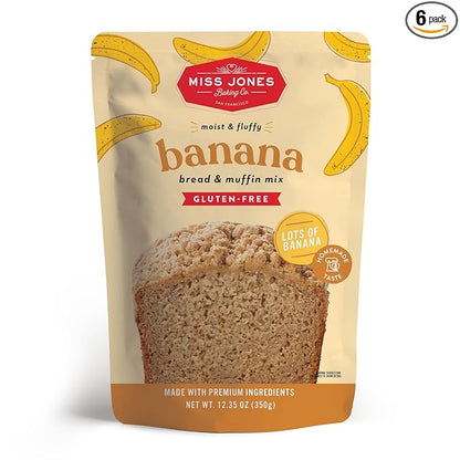 Miss Jones Baking Banana Bread & Muffin Mix - Whole Grains, 50% Lower Sugar, Real Banana, Vegan Banana Bread, Naturally Sweetened Desserts & Treats, 10.57 Ounce (Pack of 6)
