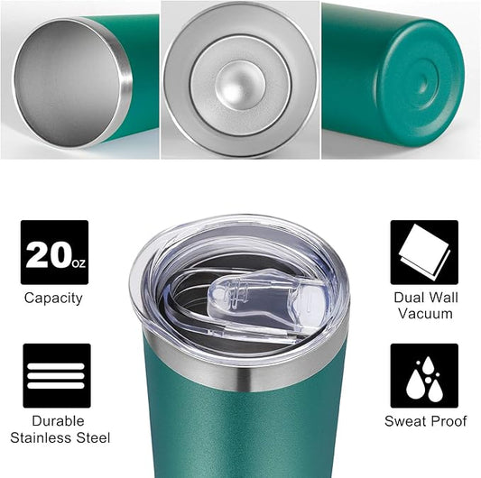 VEGOND Stainless Steel Tumblers Bulk 6 Pack, 20 oz Vacuum Insulated Skinny Tumblers with Lid and Straw, Double Wall Coffee Mug, Travel Water Cup, Dark Green