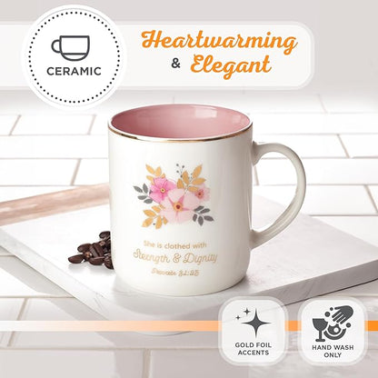 Christian Art Gifts Pink Ceramic Coffee Mug with Gold Rim – 14 oz. Lead and Cadmium-free Inspirational Scripture Coffee and Tea Mug for Women with Bible Verse: Strength and Dignity – Proverbs 31:25