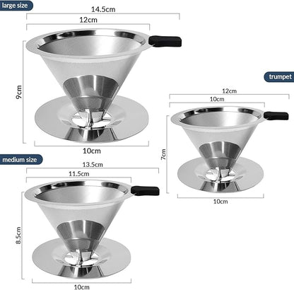 Pour Over Coffee Dripper-Stainless Steel Coffee Filter,Reusable Drip Cone Coffee Filter Portable Pour for 1-4 Cup (With Base, M)