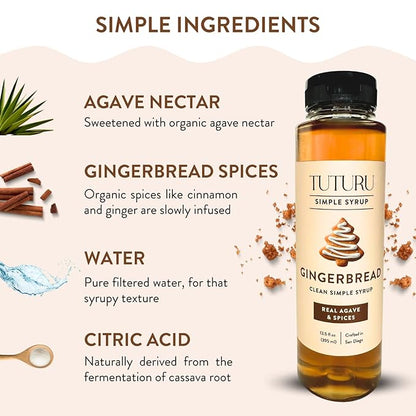 Gingerbread Simple Syrup for Coffee, Cocktails, Matcha - Sweetened with Agave Nectar - Infused with Real Gingerbread Spices - 13.5 oz
