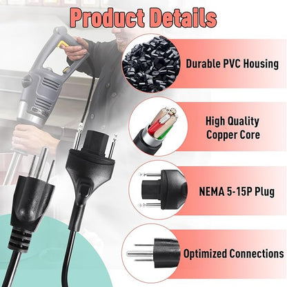 89143 Power Cord Replacement Compatible with Robot Coupe MP Series, 120V 150'' Black Immersion Blender Cord for MP350 MP450 MP550 MP600 MP800