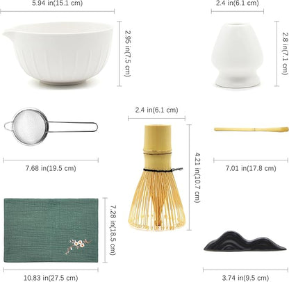 7 Pieces Matcha Whisk Set - Ceramic Matcha Kit with Bowl, Whisk, Holder, Bamboo Scoop, Rest, Sifter, and Tea Towel – Elegant Matcha Gift Set for Women