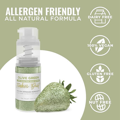 Bakell - Olive Green Tinker Dust (4g, 1x Mini Spray Pump) Edible Glitter for Food, Desserts, and Beverages!