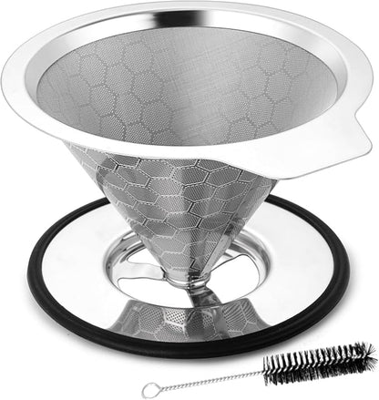 LHS Pour Over Coffee Dripper Reusable Coffee Filter Metal Cone Filter Paperless Coffee Filter Stainless Steel Pour Over Coffee Maker Single Cup Brew Coffee Filter, Double Mesh