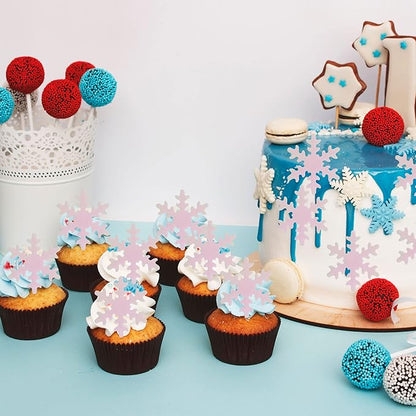Gyufise 50Pcs Pink Edible Cupcake Cake Toppers Snowflake Cake Decorations for Christmas Winter Frozen Theme Party Supply Decoration