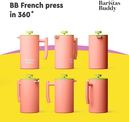 Cute Pink French Press Coffee Maker - Colorful, Retro And Stylish Insulated Coffee Brewer - Large Size Brews 4 Cups