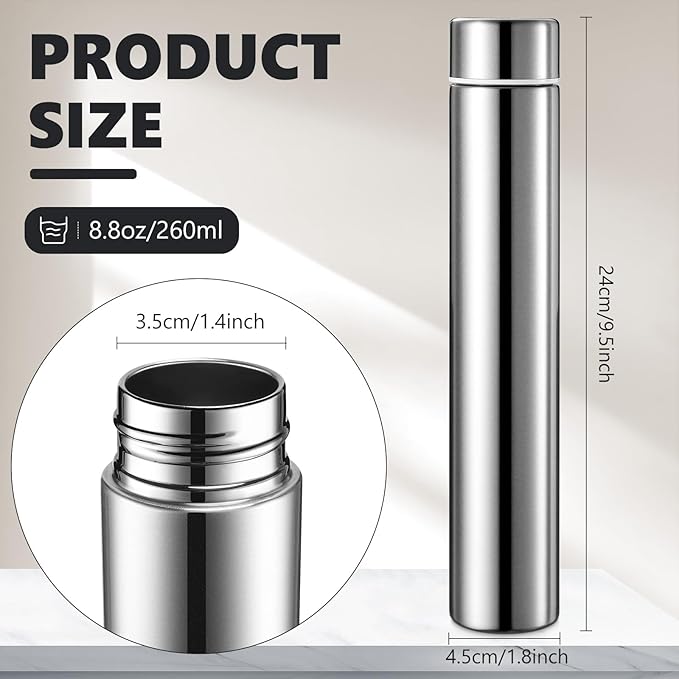 Vesici Slim Water Bottle 8.8 oz Small Stainless Steel Purse Compact Insulated Water Bottles Camping Travel Backpack Pocket Flask for Car Cold Coffee Tea(Silver,1 Pack)