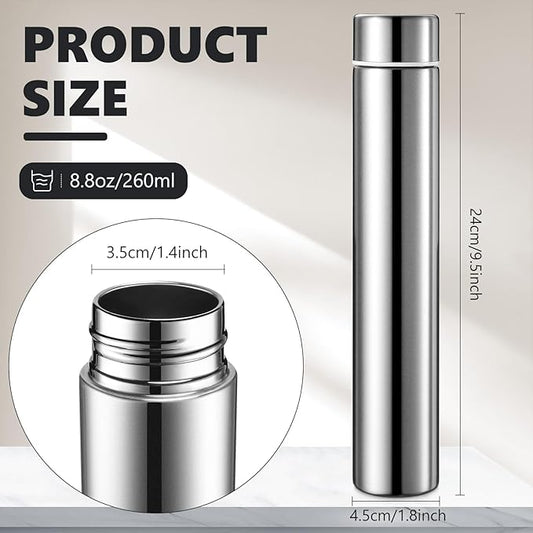 Vesici Slim Water Bottle 8.8 oz Small Stainless Steel Purse Compact Insulated Water Bottles Camping Travel Backpack Pocket Flask for Car Cold Coffee Tea(Silver,1 Pack)