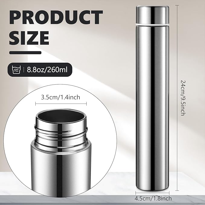 Vesici Slim Water Bottle 8.8 oz Small Stainless Steel Purse Compact Insulated Water Bottles Camping Travel Backpack Pocket Flask for Car Cold Coffee Tea(Silver,4 Pack)