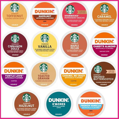 30 Count -- Flavored Starbucks & Dunkin Variety Pack Coffee Pods K Cup Sampler – Starbucks - Hazelnut, Cinnamon Dolce, Maple Pecan, Smoked Butterscotch, Toasted Graham, Caramel, Vanilla & Toffeenut. Dunkin - Turtle Love, Candy'd Almond, Caramel Me Craz...
